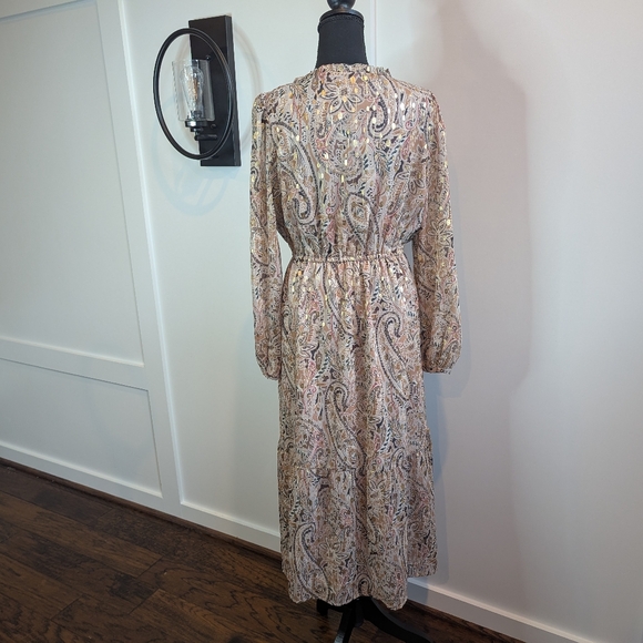 LOFT Metallic Foil Paisley Maxi Dress M Boho Long Sleeve V-Neck Fall Wedding - Picture 5 of 16